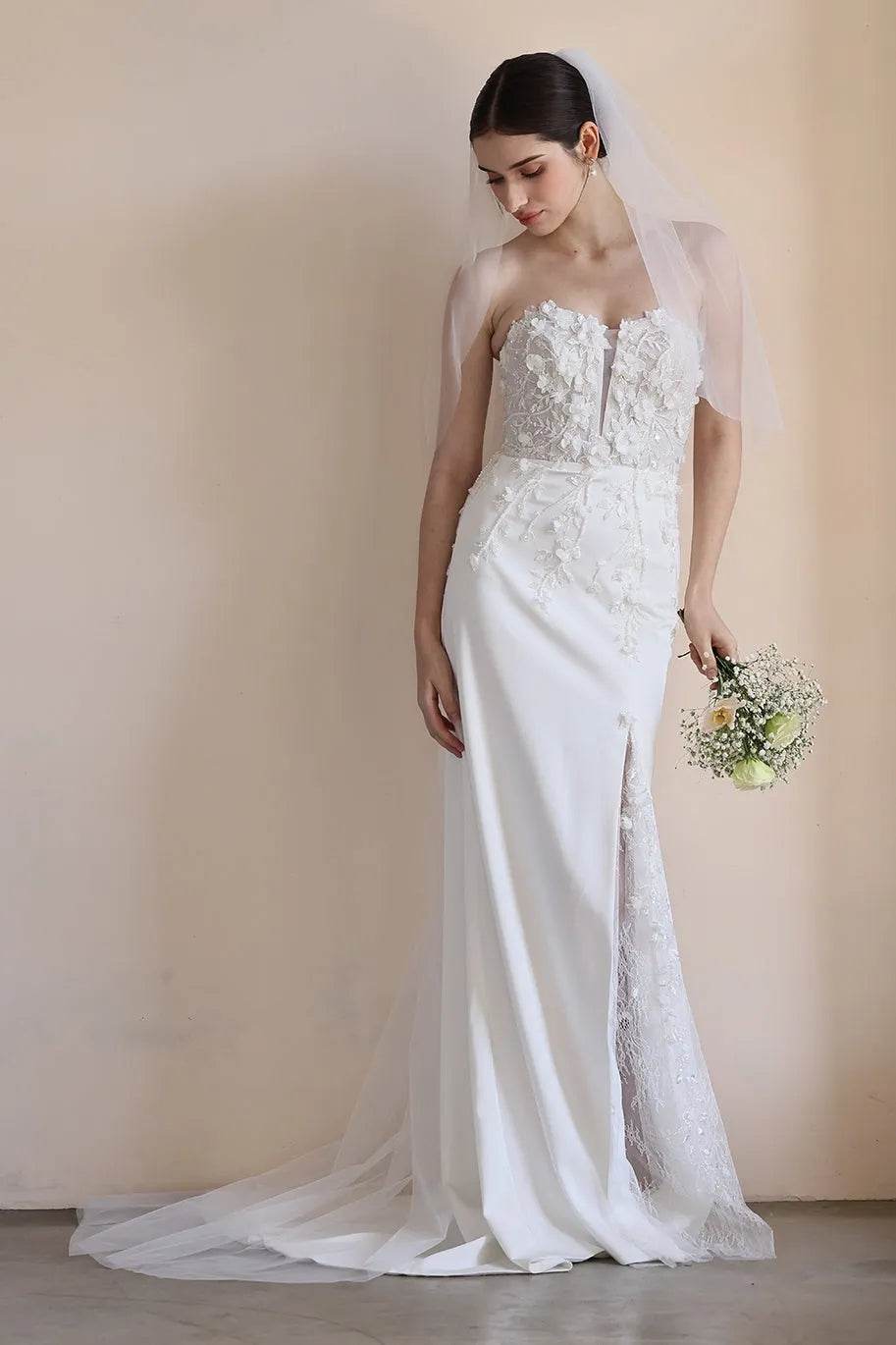 Trumpet-Mermaid Sweep-Brush Train Satin Lace Wedding Dress CW3551 - COCOMELODY